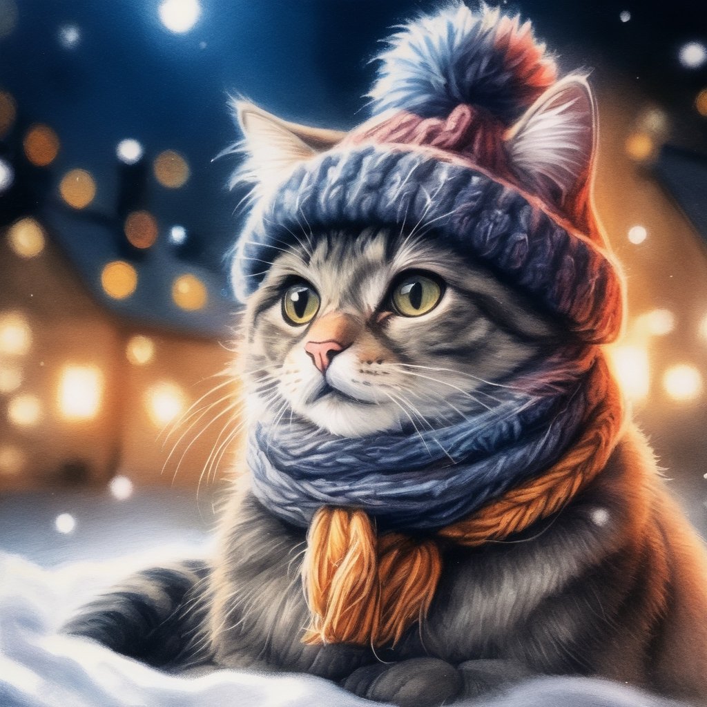 colored pencils drawing, animal portrait, realistic, high quality, clear and delicate hair, on a snowy night, there is a cat, wearing a woolen hat with exposed ears and a woolen scarf, dark background,Apoloniasxmasbox,Xxmix_Catecat