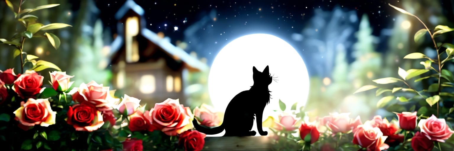 Dark background, full moon, woods, cabin, roses, long-haired cat

