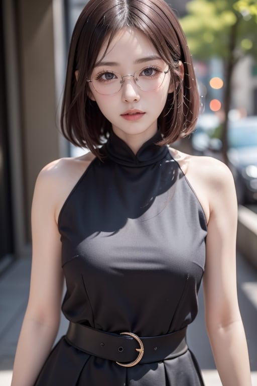 Taiwanese 40-year-old bare-faced girl (square face, slightly chubby, brown hair with purple ends, short hair, wearing black thin-rimmed glasses), wearing dark black top, dark black skirt, Dall background, mixed exposure, medium shot, bokeh, (hdr :1.4), high contrast, (film, gray and black: 0.35), (grey, dark, soothing tones: 1.3), low saturation