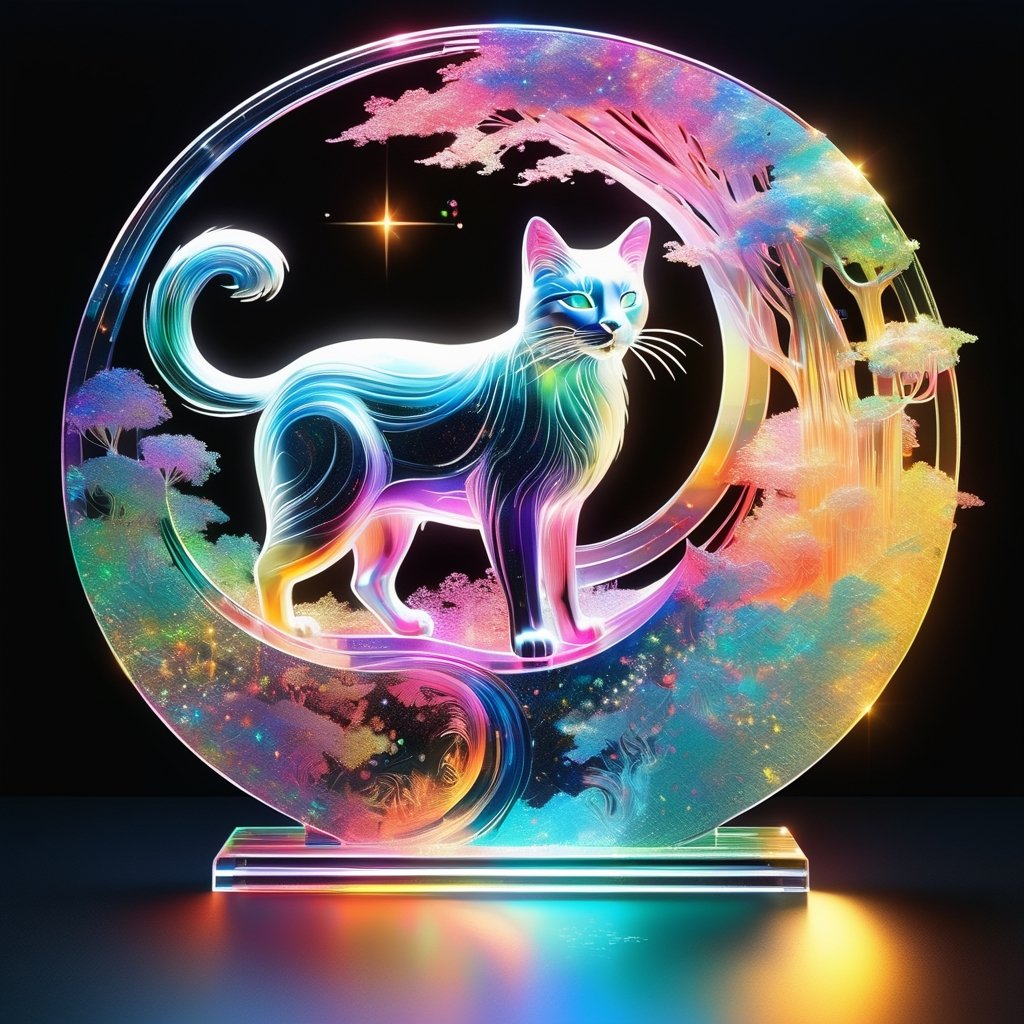 Abstract 3D Tai Chi. Shape, half sun and half moon. Half of the sun with clouds and a dog is made of iridescent glass, transparent, shiny and reflective. Use warm colors. The cats and trees on the half moon are made of dichroic glass, which is transparent, glossy and highly reflective. Cool color. , glow, black background

