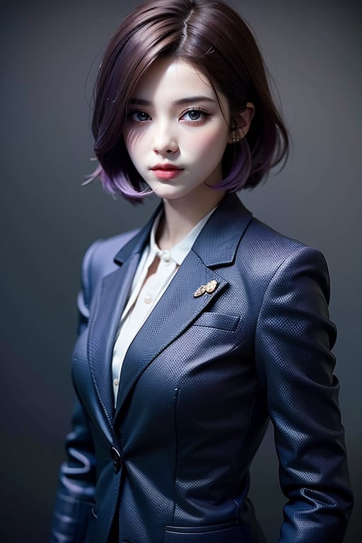 Girl (short hair, brown hair with purple ends), wearing dark black office suit, rose, dahl background, exposure mix, medium shot, bokeh, (hdr: 1.4), high contrast, (film, gray and black: 0.35), (grey, dark, soothing: 1.3), low saturation
,Extremely Realistic