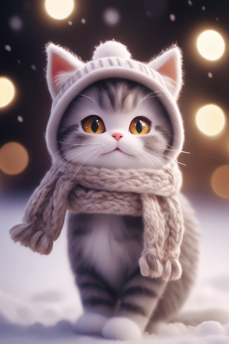 Animal portraits, high quality, with clear and delicate hair. On a snowy night, there is a cat dancing in the snow like a human. Wearing a hat made of wool with two ears exposed and a scarf made of wool, snowy night, bokeh, professional photography
