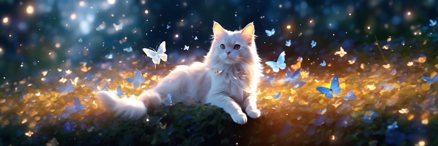 In the garden where it rains late at night, there is a long-haired cat running, translucent white outline and white line illustration style, several butterflies are drawn with the feeling of light golden lines, emitting a faint light, high quality, painting High quality, high texture, background blur, professional photography
,glass shiny style,DRG