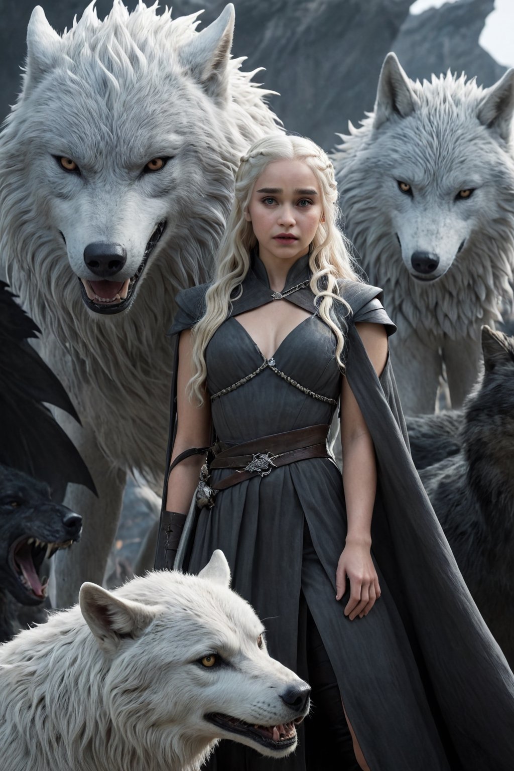 Daenerys with John Snow&#39;s Dragons and Wolves