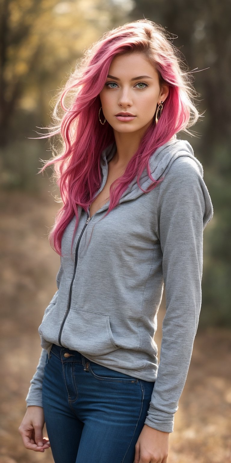 Generate hyper realistic image of a beautiful woman with long, flowing hair cascading down her shoulders, her piercing blue eyes gazing directly at the viewer. She wears a stylish ensemble with long sleeves and pink hair, set in a classic cowboy shot. Adorned with elegant earrings, she exudes confidence in her pants and hood attire.
