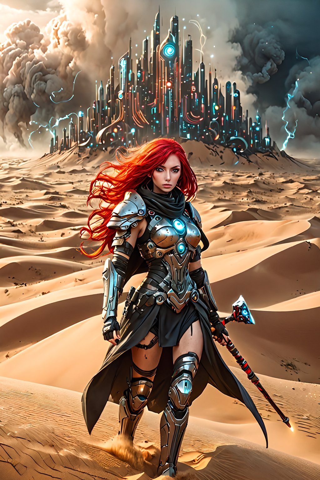 Surrealist anime art style, a lone red hair female warrior with magical staff wearing cape in apocalyptic sand dunes, ((cyber city above the sand dunes)), dark swirling sandstorm approaching, more detail XL,style, closeup shot,