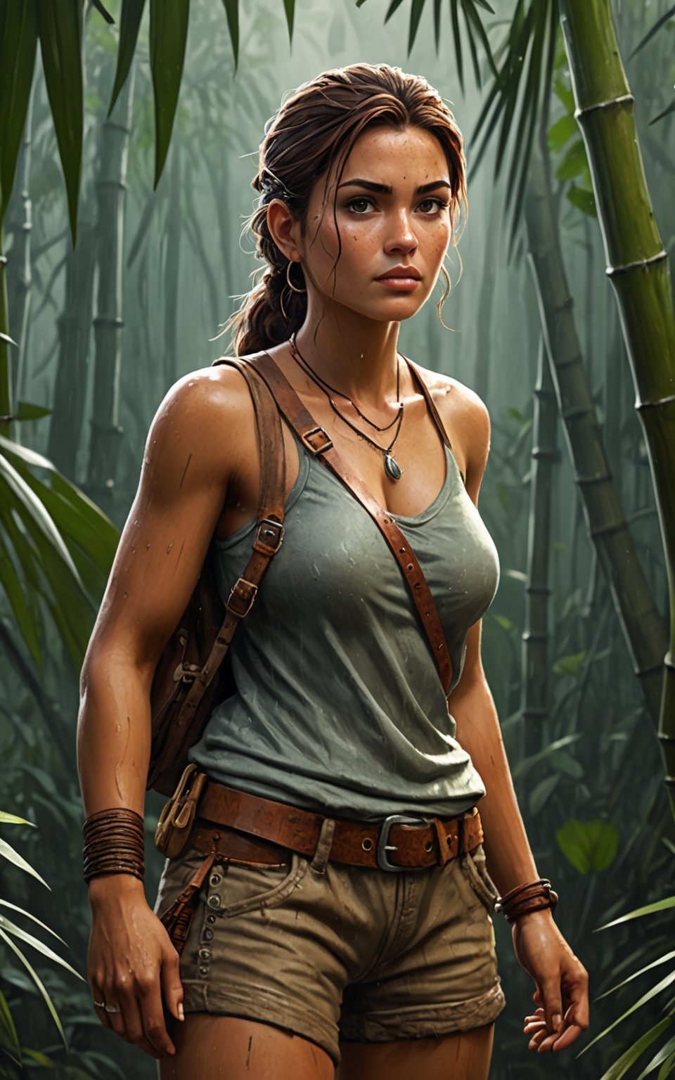   Digital art, best quality, highly detailed, disney pixar style, full-length body shot: a stunning badass fearless adventurer archeologist woman, taned skin, clear smart piercing eyes, perfect woman forms, dirty clothes, lost in a dense bamboo jungle on a rainy day 