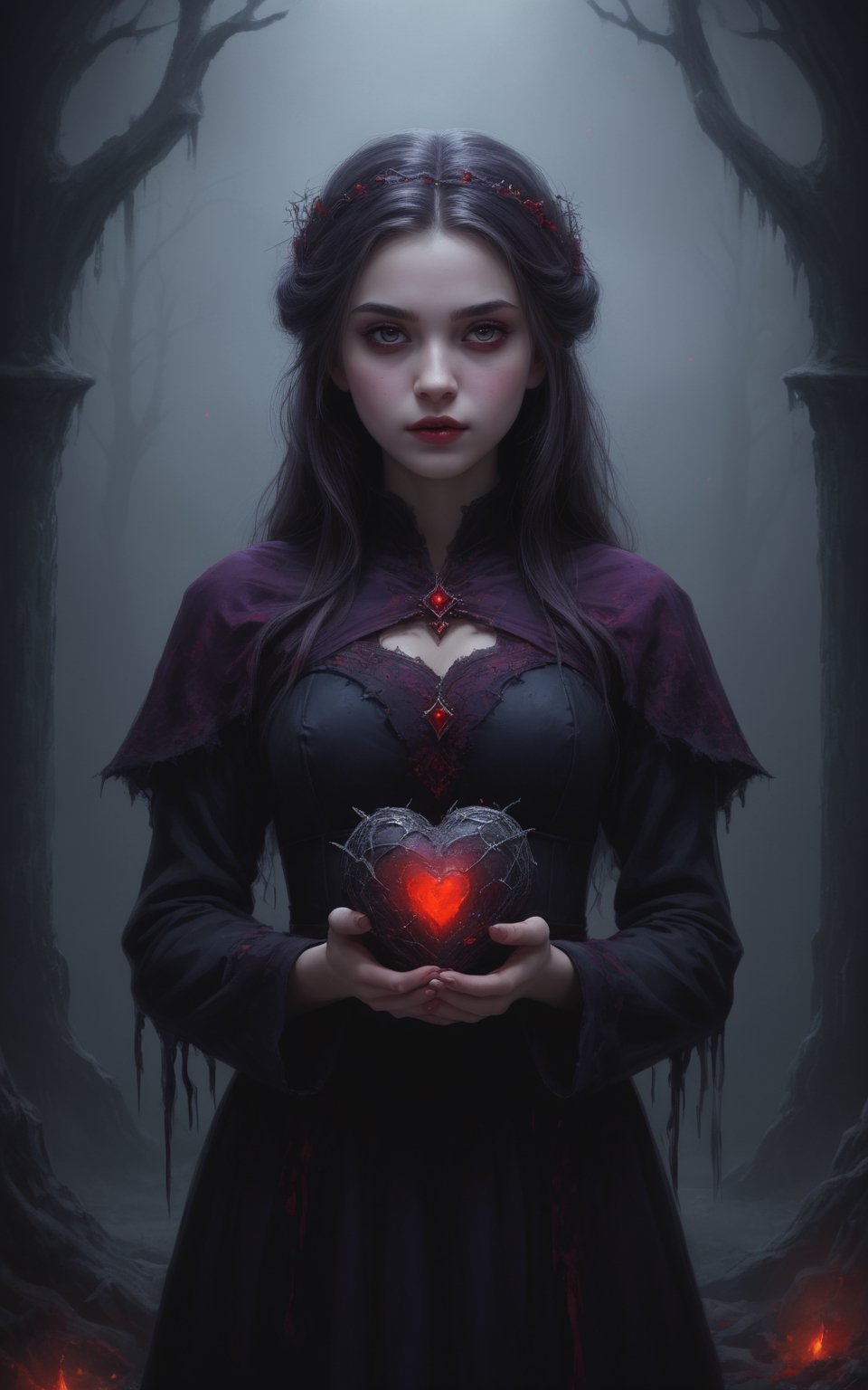  a young witch holding a frozen heart, in the style of dark purple and dark gray, matte painting, dark purple and red, digital painting, expressionism, very intricate, unforgettable, dark, gloomy 