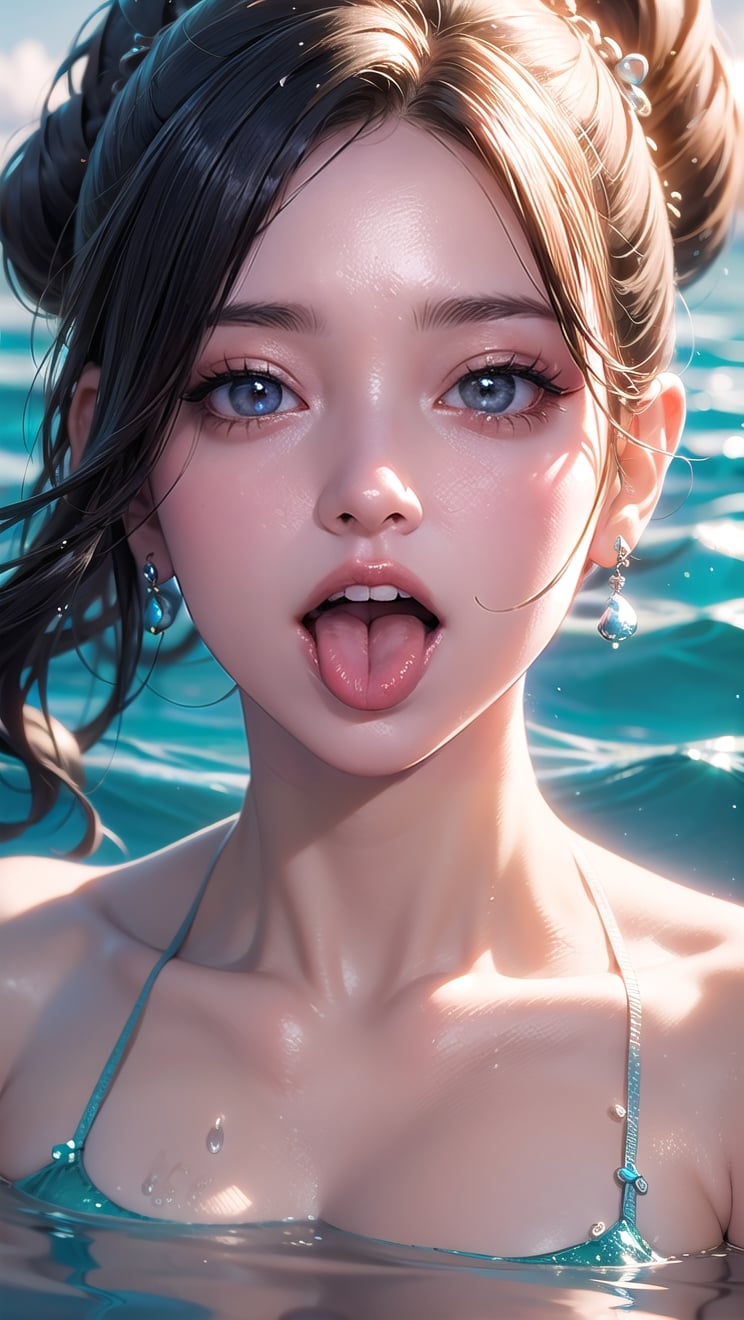 realistic, best quality 4k, vivid colors, unreal engine, 3D, face Detailed, detailed,  earrings, detailed face, the ocean is two meters deep, in deep water ocean, deep ocean, drowning, wet, water, dry wet, real water, open_tongue, long tongue, open long tongue, detailed tongue, very larger tongue, very long tongue 