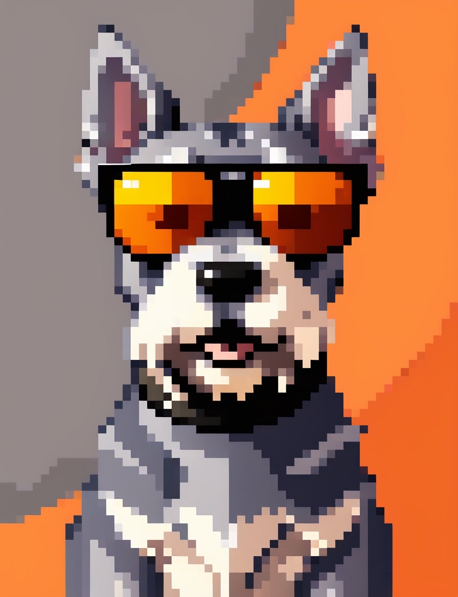 (Best Quality, Masterpiece, Ultra Detailed, 8K, RAW Photo), A Beautiful Colorful gray schnauzer dog with an orange background and has sunglasses, Detailed, detailed, detailed, sharp focus, photo, highly detailed, colorful, 3D cartoon style