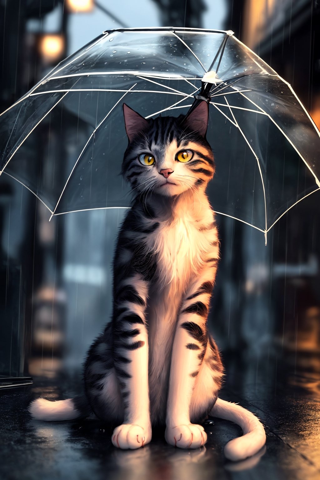 (best quality, masterpiece, ultra detailed, 8K, RAW photo), A beautiful cat sitting very sad stage in the rainy street, detailed, detailed, sharp focus, photo, very detailed, colorful,3D Cartoon Style