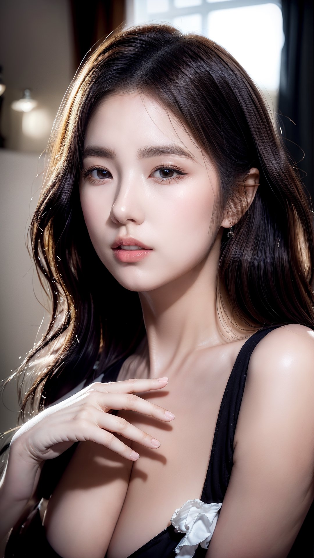 1Best quality, raw photo, photorealism, lifelike rendering, (upper body portrait:1.2), photo of beautiful korean woman, mid-twenty, k-pop idol, stunning, medium dark brown hair, double eyelids, dark brown eyes, natural saggy large breasts, pale skin, daily outfit, chiffon dress, sharp focus, faint smile, gazing at viewer, from below, (full body focus), detailed eyes and facial, detailed real skin texture, detailed fabric rendering, natural soft daylight, ray tracing,korean girl, JeeSoo ,Ava, masterpiece, best quality, photorealistic, high resolution, 8K raw photo) opsional