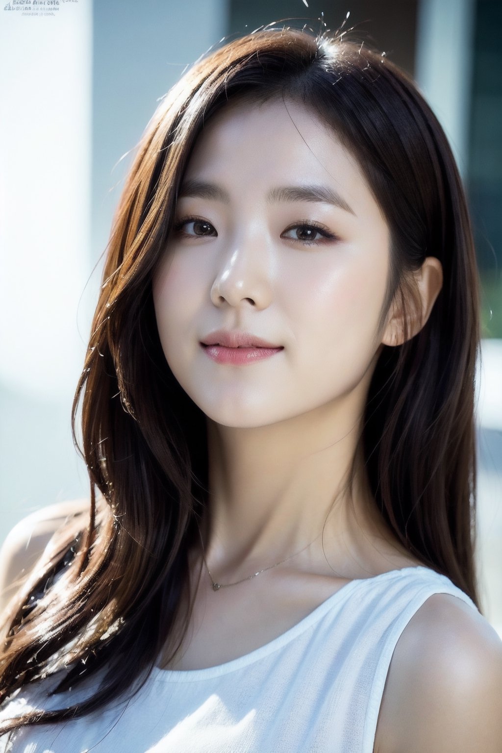 Best quality, raw photo, photorealism, lifelike rendering, (upper body portrait:1.2), photo of beautiful korean woman, mid-twenty, kpop idol, stunning, medium dark brown hair, double eyelids, dark brown eyes, natural saggy large breasts, pale skin, daily outfit, chiffon dress, sharp focus, faint smile, gazing at viewer, from below, (full body focus), detailed eyes and facial, detailed real skin texture, detailed fabric rendering, natural soft daylight, ray tracing,Extremely Realistic,JeeSoo ,asian girl,Ava