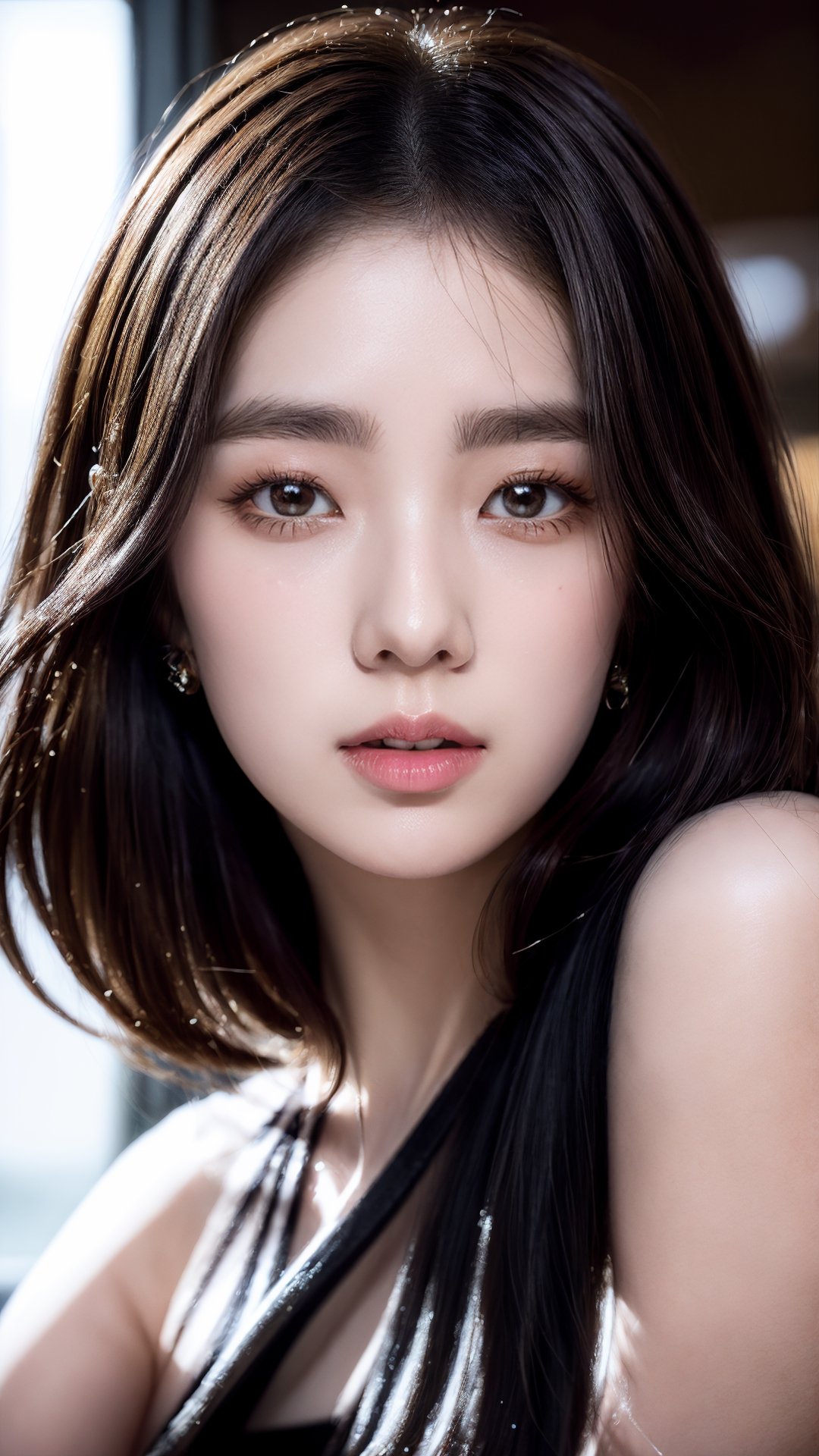 1Best quality, raw photo, photorealism, lifelike rendering, (upper body portrait:1.2), photo of beautiful korean woman, mid-twenty, k-pop idol, stunning, medium dark brown hair, double eyelids, dark brown eyes, natural saggy large breasts, glamour, pale skin, daily outfit, chiffon dress, sharp focus, faint smile, gazing at viewer, from below, (full body focus), detailed eyes and facial, detailed real skin texture, detailed fabric rendering, natural soft daylight, ray tracing,korean girl, JeeSoo ,Ava, masterpiece, best quality, photorealistic, high resolution, 8K raw photo) opsional