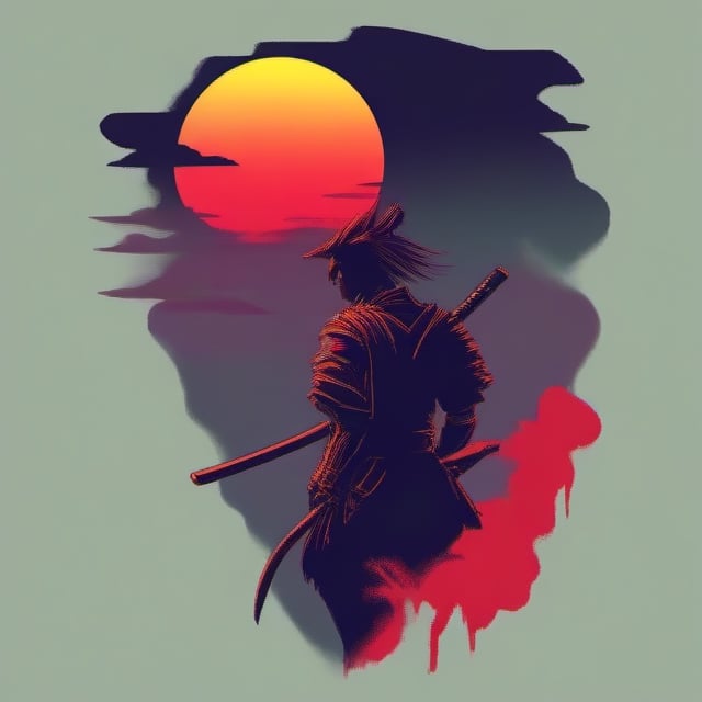 A minimalist t-shirt design with a vintage touch, featuring a cool, muscular and stylish anime samurai silhouette in faded, awesome and bright colors.,japanese art,<lora:659095807385103906:1.0>