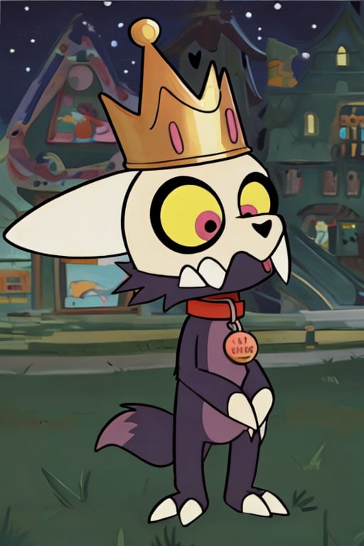 A small, skeletal-looking, cute character with big yellow eyes, drooping eyelids, and prominent fangs. He wears a paper crown with the 'Burger Queen' logo on his head, and holds a brown plush toy with long ears and a button instead of one of his eyes. His expression is sweet, and his posture shows affection towards the plush toy. The character has a fluffy tail with a dark tip and wears a black cape around him. The scene takes place in a nighttime setting, with a dark green background, showing a lively and simple style.,1boy, skull helmet, teeth, pokemon (creature), colored sclera, red collar with circle pet tag, claws,1girl,1boy