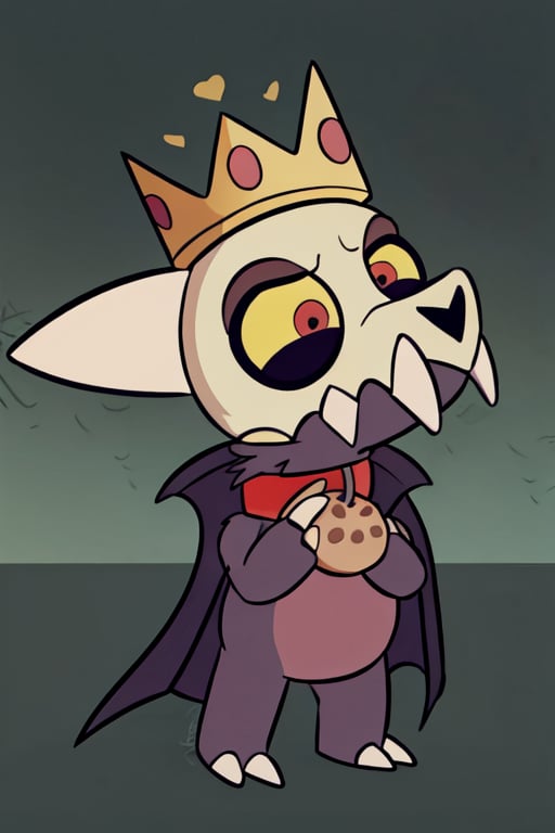 A small, skeletal-looking, cute character with big yellow eyes, drooping eyelids, and prominent fangs. He wears a paper crown with the 'Burger Queen' logo on his head, and holds a brown plush toy with long ears and a button instead of one of his eyes. His expression is sweet, and his posture shows affection towards the plush toy. The character has a fluffy tail with a dark tip and wears a black cape around him. The scene takes place in a nighttime setting, with a dark green background, showing a lively and simple style.,1boy, skull helmet, teeth, pokemon (creature), colored sclera, red collar with circle pet tag, claws,1girl,1boy