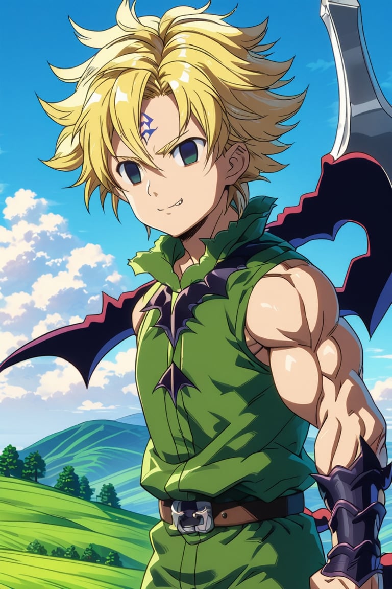 An anime character with messy blonde hair, holding a giant axe over his shoulder. He wears a sleeveless green outfit that reveals his ripped muscles. The background is a vibrant landscape of green hills, blue sky, and fluffy clouds, under soft lighting that highlights the character's details. The art style should be colorful and bright, with a focus on the character's confident and friendly expression., demon outfit, demon form, forehead mark, black eyes, empty eyes, facial mark,meliodas_nanatsu_no_taizai, hair between eyes, green eyes