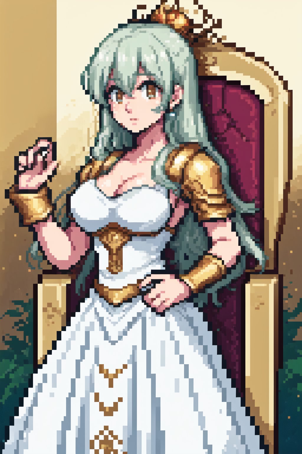 (best quality, 4k, 8k, highres, masterpiece:1.5), ultra-detailed,anime A knight in golden armor without a helmet, with his sword on his back tenderly kissing the hand of a princess in a white dress and a gold crown with diamonds standing in a luxurious throne room, ornate decoration and majestic atmosphere.,Pixel art,Pixel world