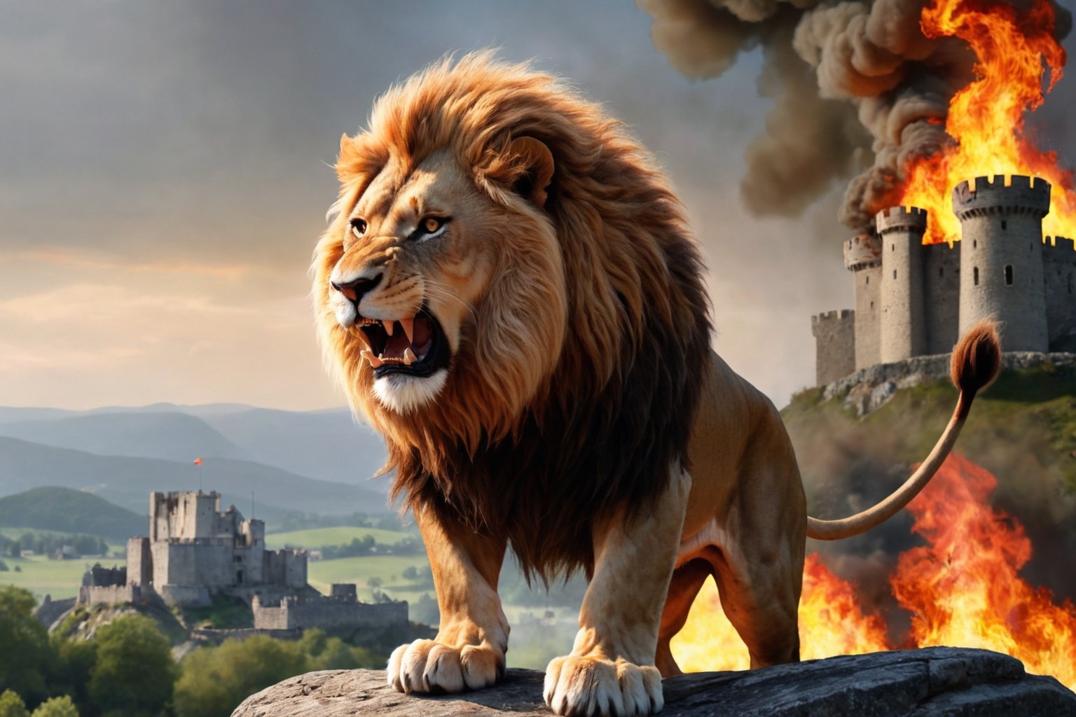 Lion with a flaming mane roaring defiantly at an army on top of a rock, in the background the remains of a castle destroyed by war.