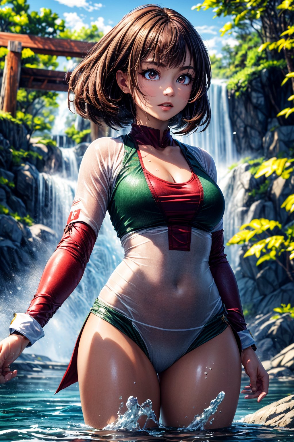 (best quality, 4k, 8k, highres, masterpiece:1.5), ultra-detailed,anime A friendly young girl with brown hair and brown eyes, standing under a majestic waterfall, wearing traditional martial arts training clothes. Her hair is slightly wet from the water, and her expression shows determination and focus. The scene is set in a serene natural environment with lush green trees and a clear blue sky. The water cascades down, creating mist and light reflections around her. The fabric of her martial arts uniform moves gently with the breeze, and the details of her stance and posture are sharp, indicating she's in the middle of training. The lighting highlights her figure, giving the image a dynamic and vivid look with detailed textures of water, fabric, and nature. 4K ultra-high-definition, vibrant colors, cinematic lighting.,YAMATO