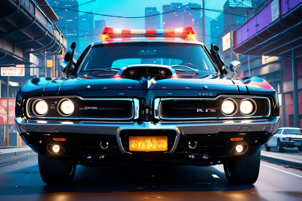 Futuristic 1970 Dodge Charger R/T car with the hood open showing its engine with neon lights in a police chase, detailed, HD resolution, realistic.