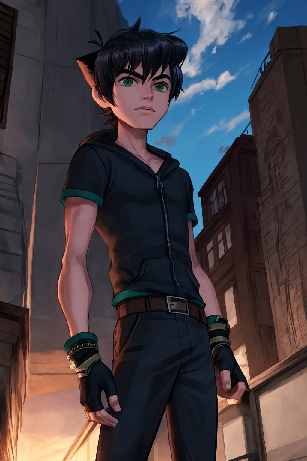 A 17-year-old boy with black hair with the hairstyle of Wolverine from X Men, green eyes and a scar above his nose, dressed in Riku's clothes from Kingdom Hearts 3, fingerless gloves.,benov