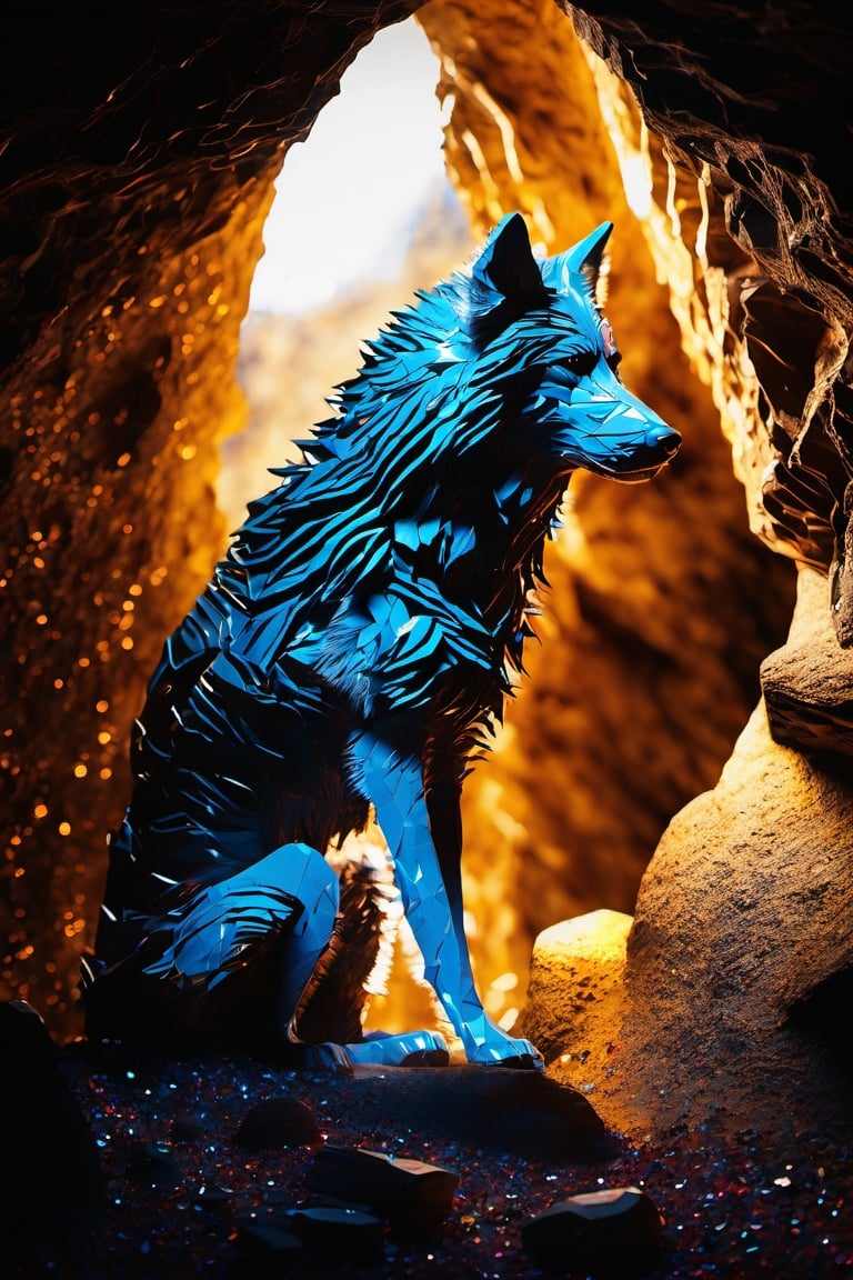 Un lobo en medio de una cueva rodead de diamantes