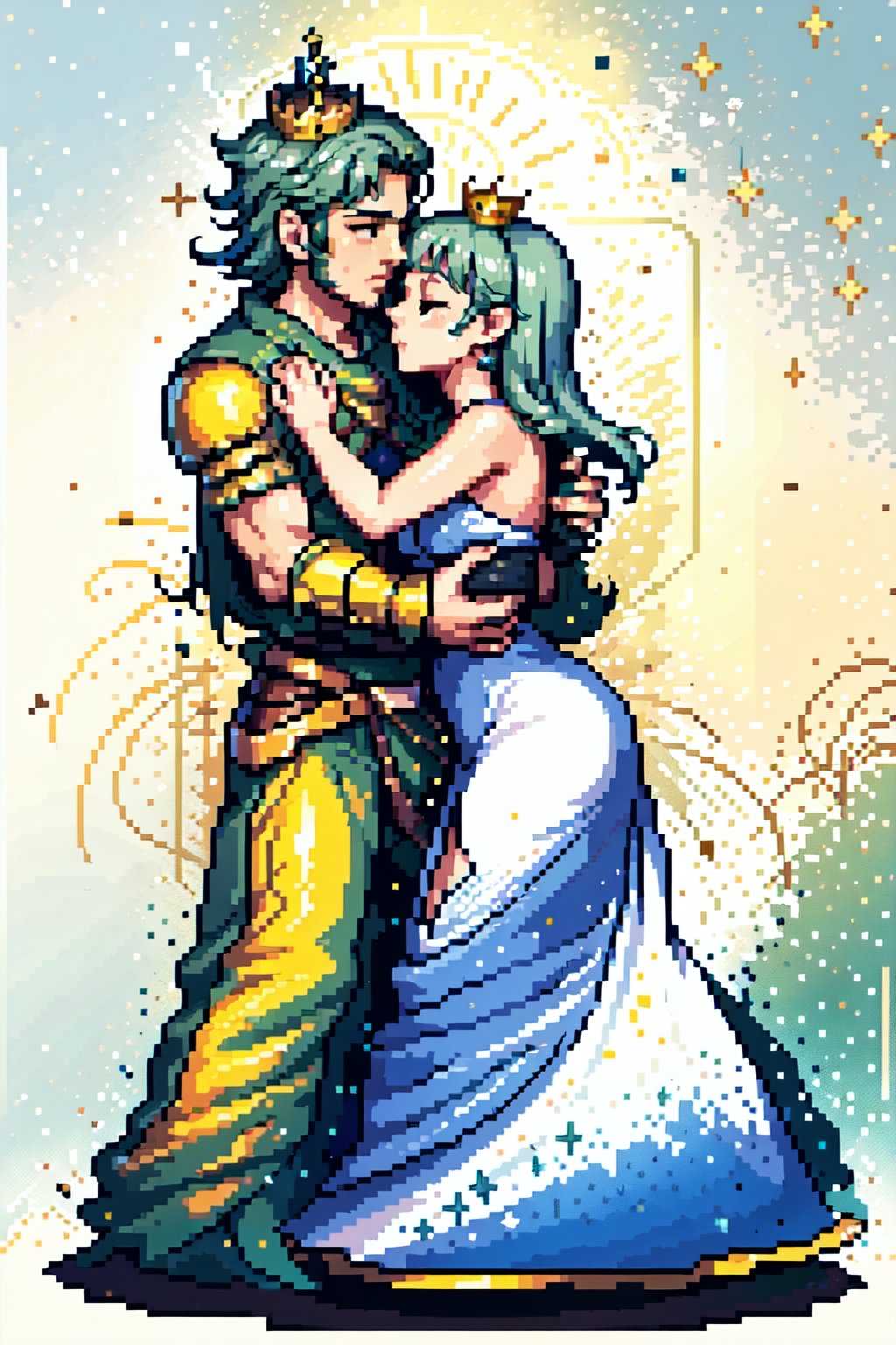 A knight in golden armor without a helmet, with his sword on his back tenderly kissing the hand of a princess in a white dress and a gold crown with diamonds standing in a luxurious throne room, ornate decoration and majestic atmosphere.,Pixel art