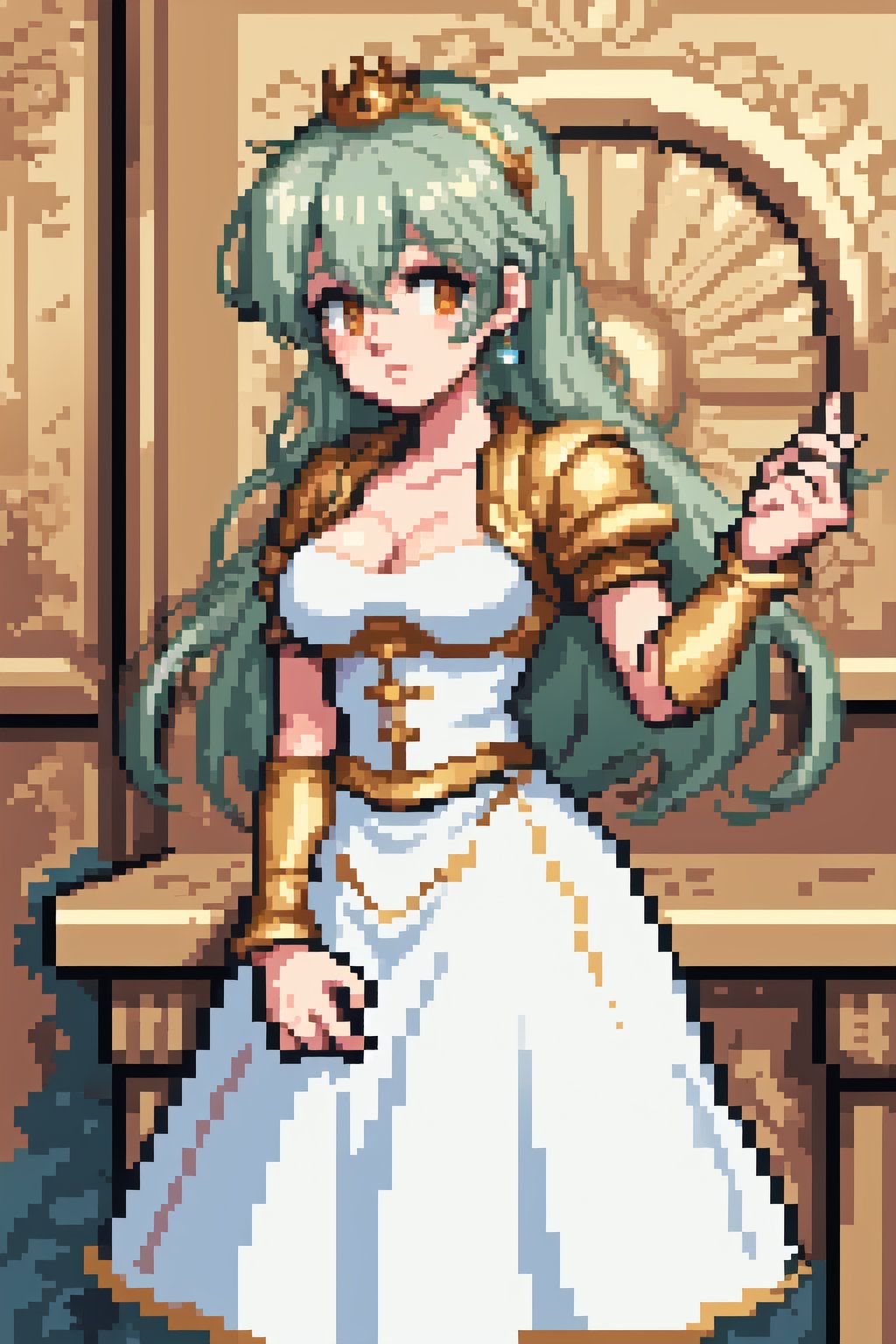 (best quality, 4k, 8k, highres, masterpiece:1.5), ultra-detailed,anime A knight in golden armor without a helmet, with his sword on his back tenderly kissing the hand of a princess in a white dress and a gold crown with diamonds standing in a luxurious throne room, ornate decoration and majestic atmosphere.,Pixel art,Pixel world