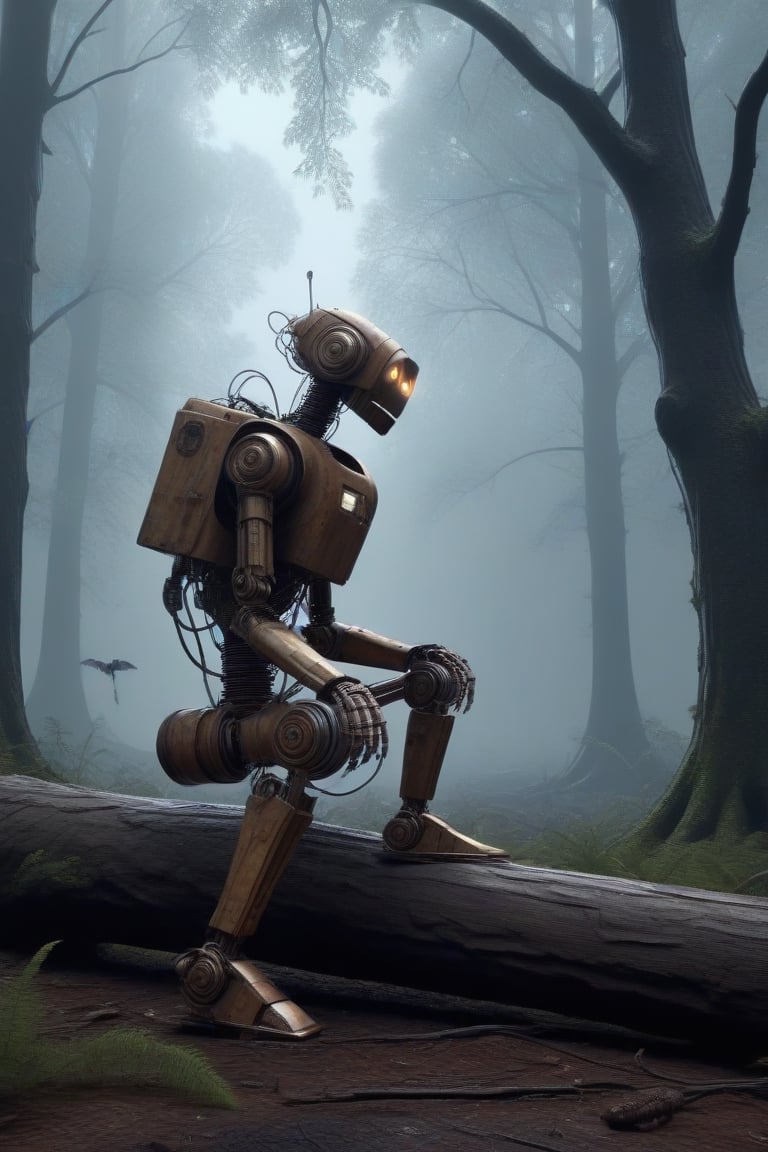 Rusty old robot, sitting on a fallen tree in a foggy forest, watching a squirrel eating a nut.,DonMM4ch1n3W0rldXL ,<lora:659095807385103906:1.0>