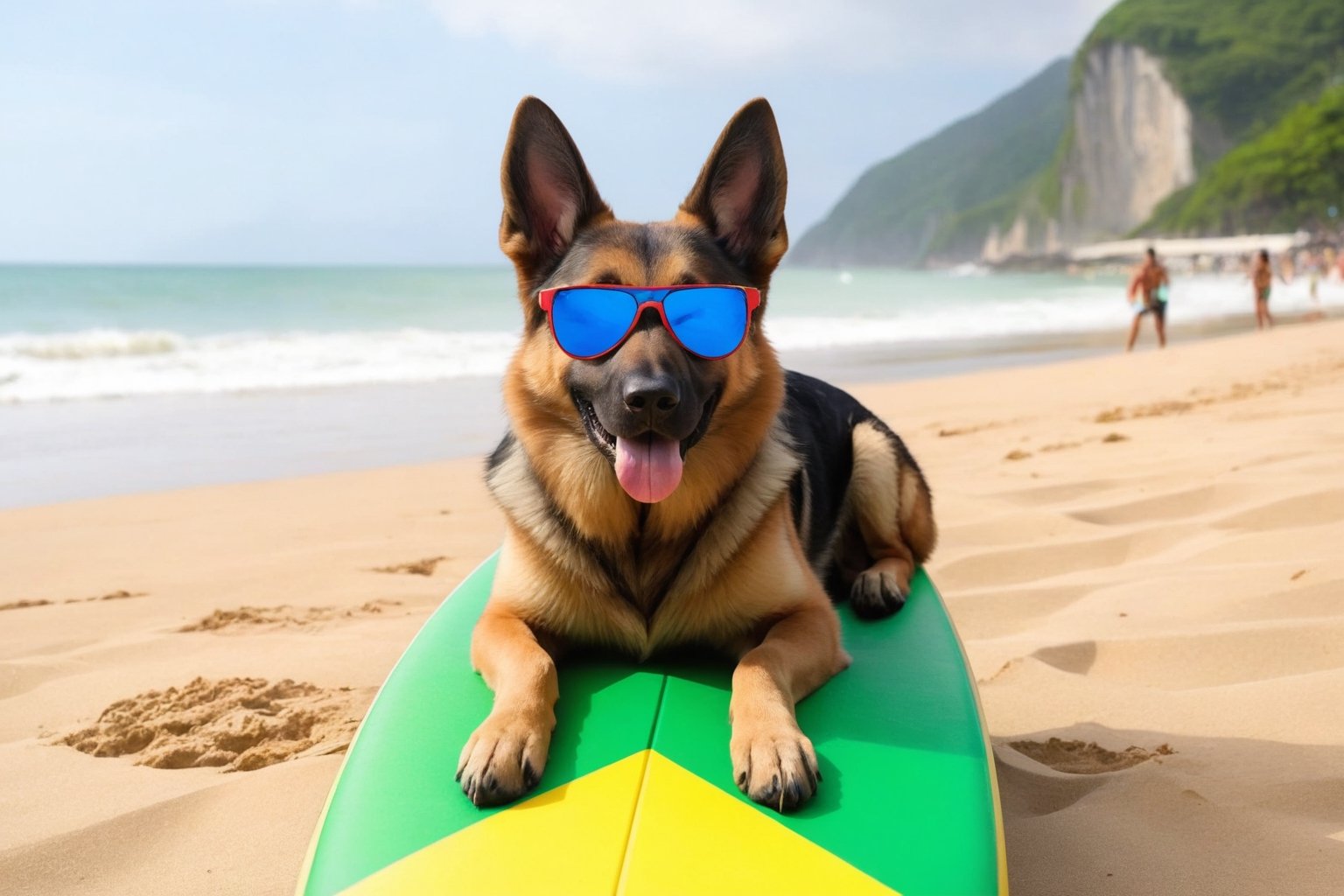 German shepherd dog surfing on the beaches of Brazil Rio de Janeiro, with sunglasses, the surfboard with the colors of the Brazilian flag, with spectators on the beach cheering.