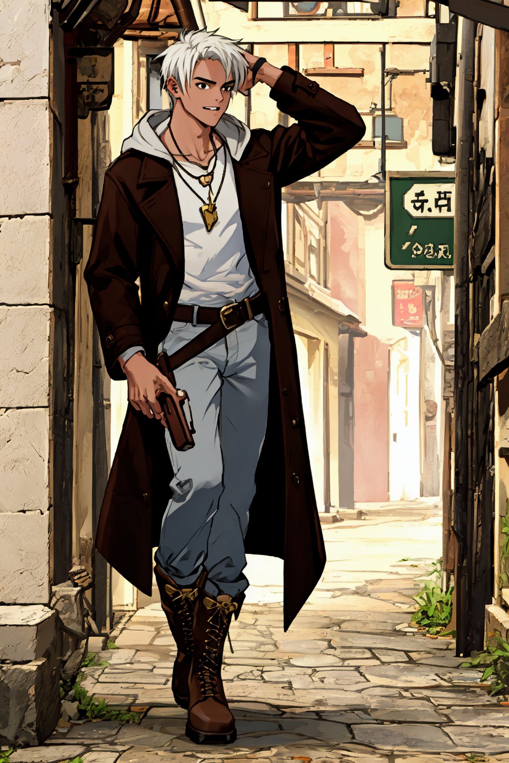 Create a highly detailed full-body character inspired by the Devil May Cry series. The character is a 20-year-old male with short, messy white hair that falls forward, framing a face with large black eyes that convey a friendly and cheerful expression. His skin has a rich, dark tone. He wears a long, dark brown leather coat with a vibrant red lining, the coat designed with a stylish and dramatic flair, featuring a hood and left open in the front. Underneath, he wears a slightly loose and worn white shirt, adding a rugged edge to his appearance. His dark-colored pants, likely leather or denim, are fitted but not tight, complementing the overall aesthetic of the character. His boots are sturdy, brown combat boots that show signs of wear, suggesting a history of many battles. He accessorizes with a red pendant necklace that stands out against his shirt. The character is equipped with a sword on his back, the hilt visible over his right shoulder, and he wields a pistol in each hand, exuding an air of readiness for combat.