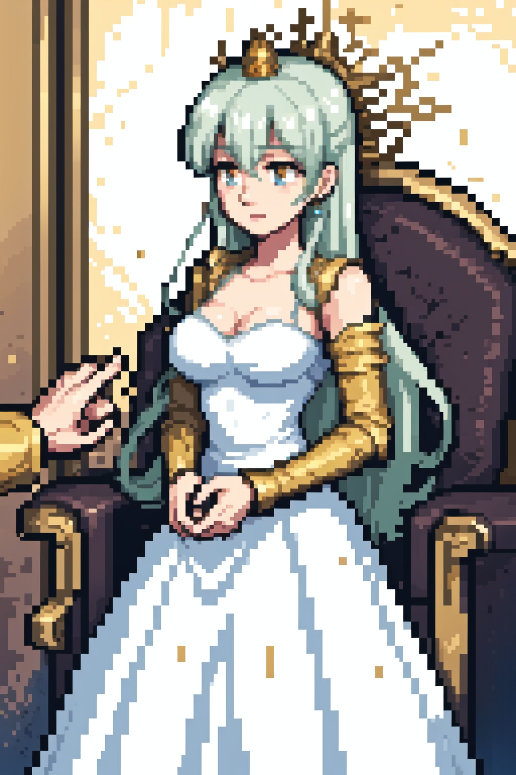 A knight in golden armor without a helmet, with his sword on his back tenderly kissing the hand of a princess in a white dress and a gold crown with diamonds standing in a luxurious throne room, ornate decoration and majestic atmosphere.,Pixel art,Pixel world
