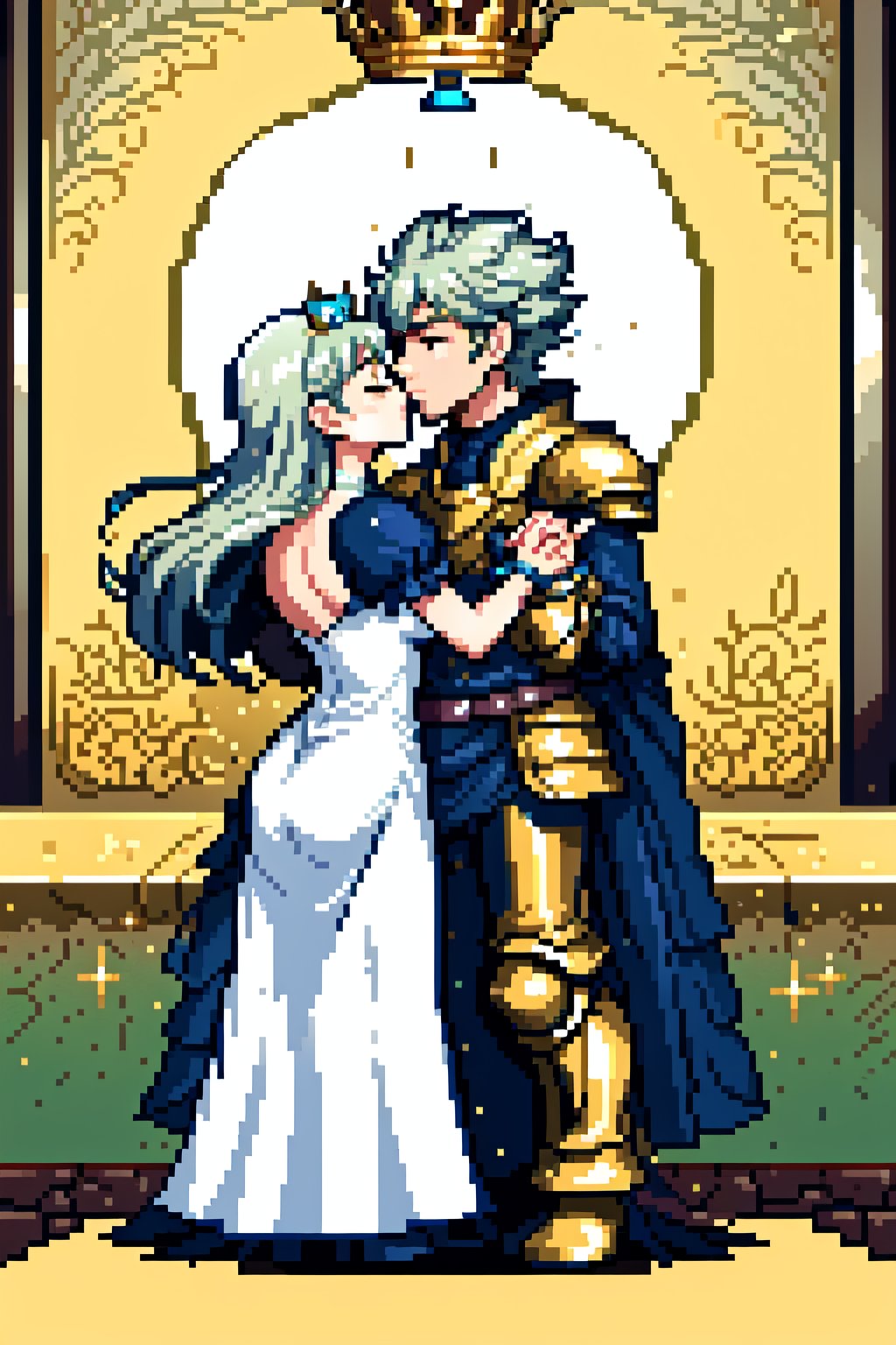 A knight in golden armor without a helmet, with his sword on his back tenderly kissing the hand of a princess in a white dress and a gold crown with diamonds standing in a luxurious throne room, ornate decoration and majestic atmosphere.,Ventus,Pixel art