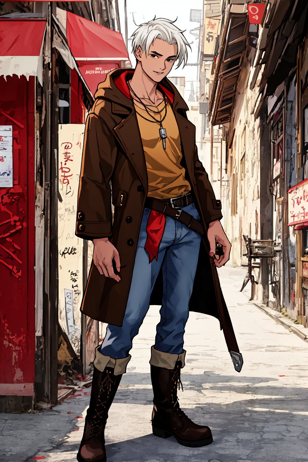 Create a highly detailed full-body character inspired by the Devil May Cry series. The character is a 20-year-old male with short, messy white hair that falls forward, framing a face with large black eyes that convey a friendly and cheerful expression. His skin has a rich, dark tone. He wears a long, dark brown leather coat with a vibrant red lining, the coat designed with a stylish and dramatic flair, featuring a hood and left open in the front. Underneath, he wears a slightly loose and worn white shirt, adding a rugged edge to his appearance. His dark-colored pants, likely leather or denim, are fitted but not tight, complementing the overall aesthetic of the character. His boots are sturdy, brown combat boots that show signs of wear, suggesting a history of many battles. He accessorizes with a red pendant necklace that stands out against his shirt. The character is equipped with a sword on his back, the hilt visible over his right shoulder, and he wields a pistol in each hand, exuding an air of readiness for combat.