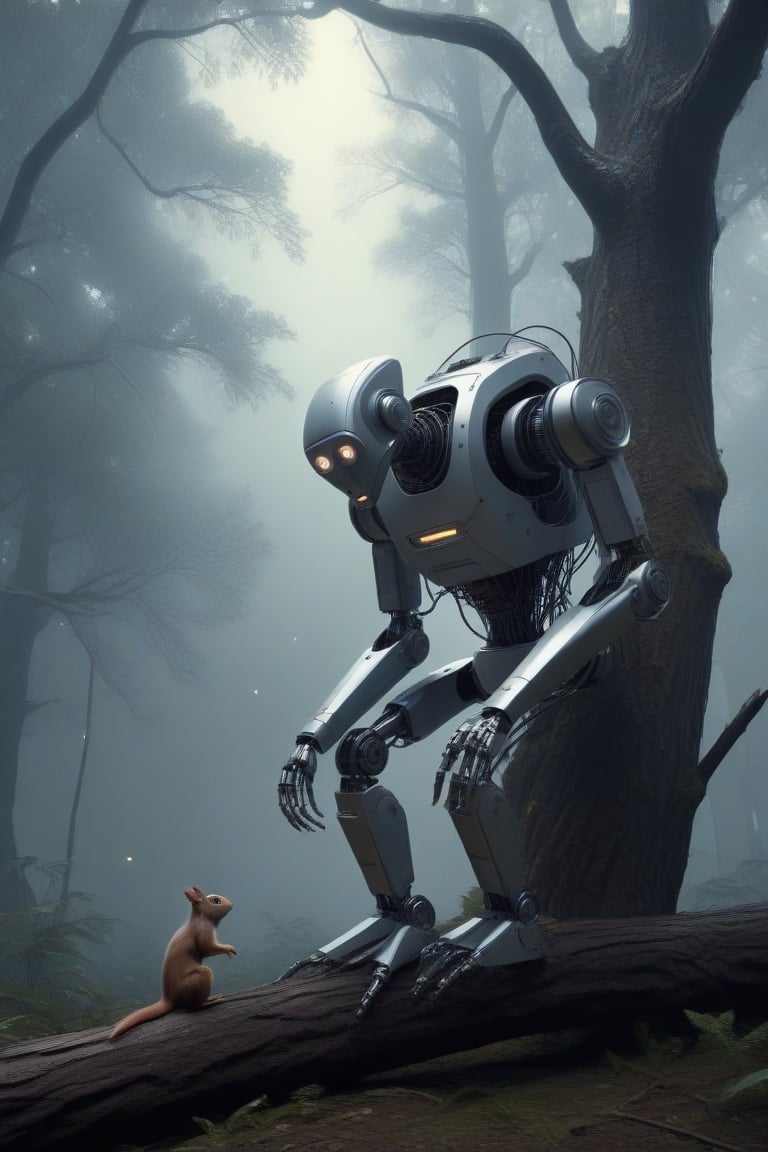 old robot sitting on a fallen tree in a foggy forest watching a squirrel,DonMM4ch1n3W0rldXL ,<lora:659095807385103906:1.0>