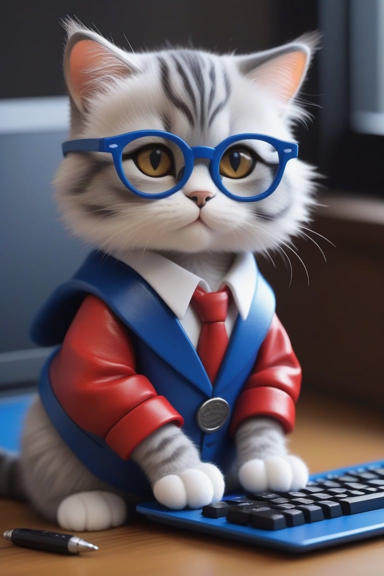 Describe an adorable scene where a little cat wears glasses and is dressed in a unique costume depicting a programmer, in striking red, blue & white. With advanced technological tools around him, such as a laptop and mini keyboard, this cat seems very focused on his work. The cat is very realistic, cute and adorable, with fur that can evoke a variety of positive emotions. In an atmosphere full of creativity and enthusiasm, this cat brings his unique charm to the world of programming, creating a fun and inspiring atmosphere