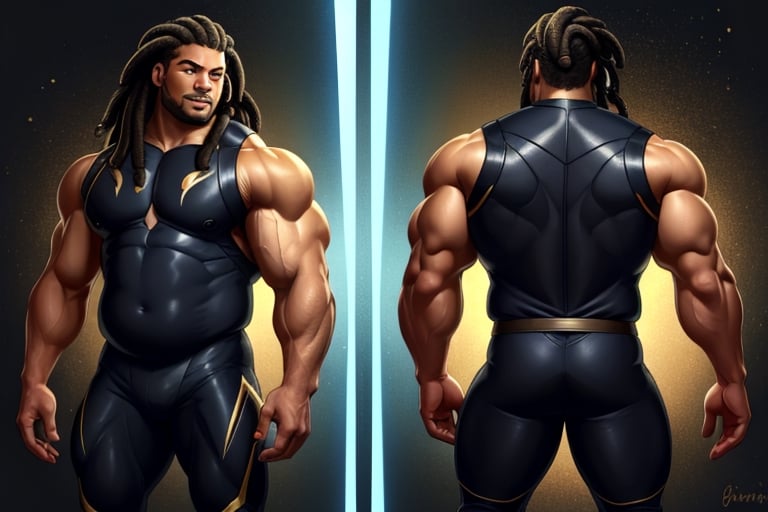 1 boy. multiple views. A tall, burly, thick, stocky, stout, musclebound, masculine, (very dark-skinned, black male). He has long, mighty, black, dreadlocks, wears a long, violet, gold, & black surcoat over his cybersuit. The (very dark-skinned, african-american) man strides, He is ((fat, musclebound)), with beautiful dark, wide, warm, determined, Nubian face, musclegut, TronFashion, ,patternbodysuit, bodysuit,massive pecs, massive muscular body ,Expressiveh,Strong Backlit Particles,Cyberpunk, ,best quality, masterpiece