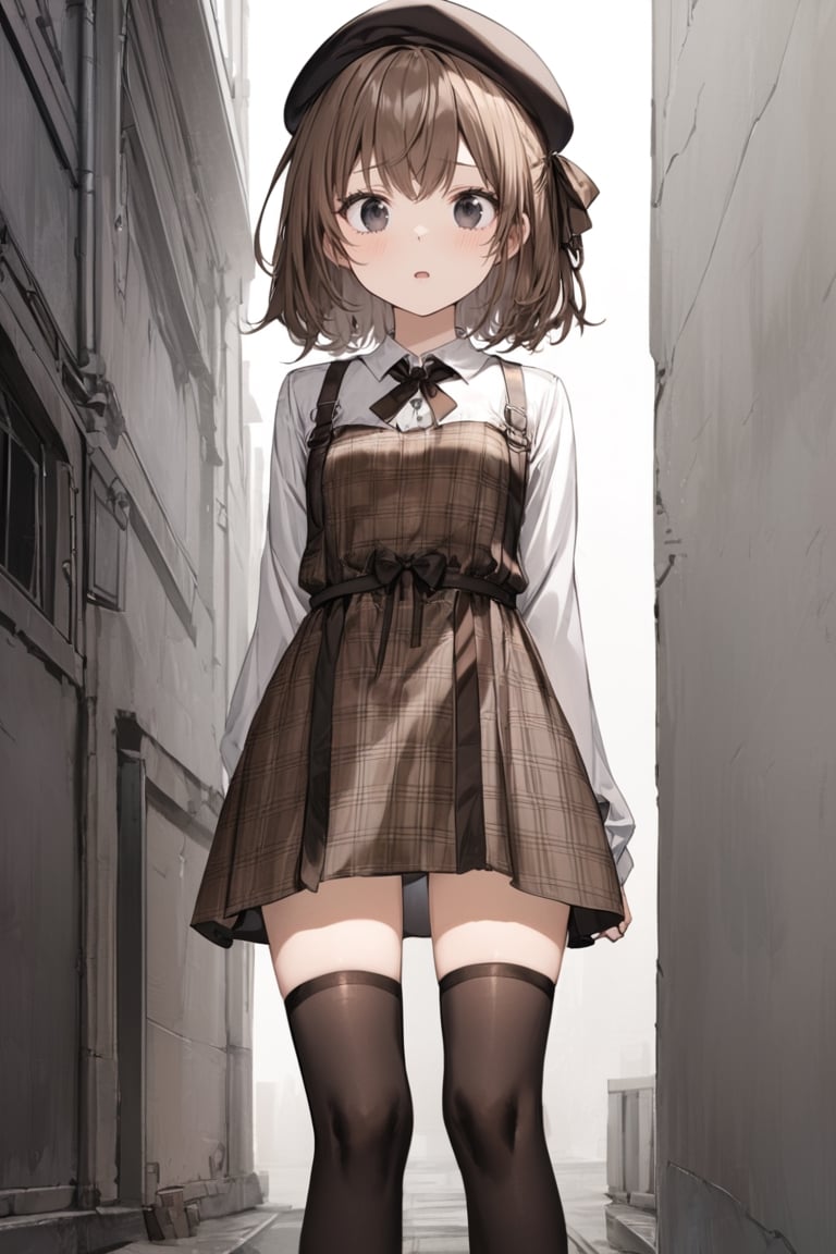 Extreme detailed, (masterful), 1girl, solo, small breasts, medium hair, wolfcut, open mouth, confused face, brown hair, black eyes, black beret, brown plaid dress, black wool knit knee highs, mary janes, long (white:1.2) sleeves, dark brown string bow tie, white undershirt, white sleeves, standing, hands behind back