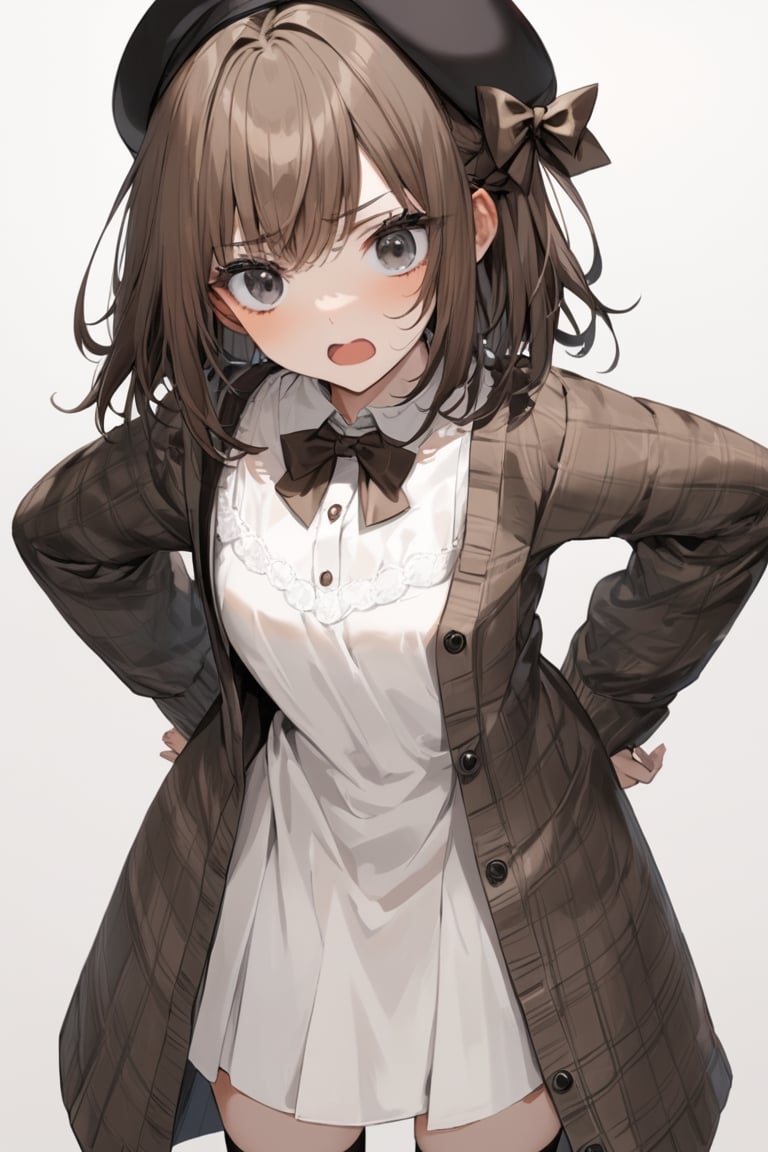 Extreme detailed, (masterful), 1girl, solo, small breasts, medium hair, wolfcut, open mouth, confused face, brown hair, black eyes, black beret, brown plaid dress, black wool knit knee highs, mary janes, long (white:1.2) sleeves, dark brown string bow tie, white undershirt, white sleeves, standing, hands behind back, white background