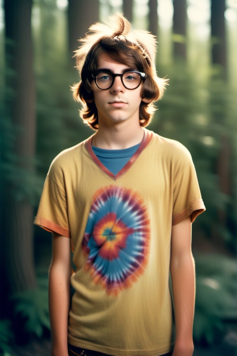 Imagine a teenage boy dressed in the iconic bohemian style of the 1960's and 1970's. He should be wearing brightly colored tie-dye shirts, bead necklaces, headbands, and round glasses. His face should be perfectly recognizable. Add realistic and meticulous details to capture the essence of the hippie movement. The image quality should evoke the vintage charm of polaroid photographs, with a slight fade on the edges, warm shades, and a grainy texture to accentuate the nostalgic feel.