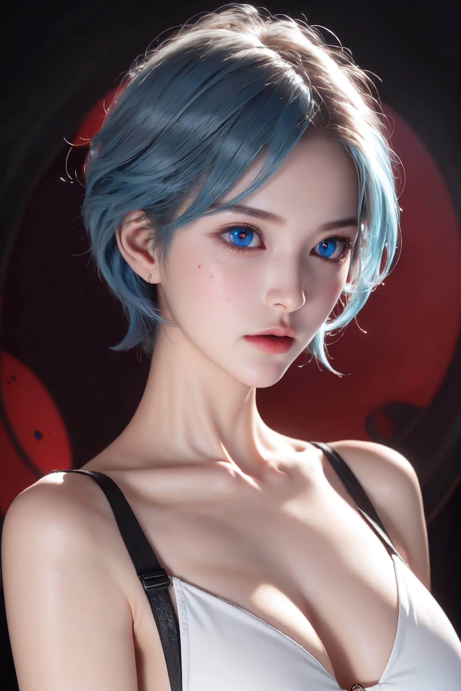 reiayanami, , rei ayanami, blue hair, short hair,large hoop earrings,nsfw,small bust,underboob, (red eyes:1.4),elegant face,BREAK bodysuit, headgear, plugsuit, white bodysuit,BREAK outdoors, city,BREAK looking at viewer, BREAK , (masterpiece:1.2), best quality, high resolution, unity 8k wallpaper, (illustration:0.8), (beautiful detailed eyes:1.6), extremely detailed face, perfect lighting, extremely detailed CG, (perfect hands, perfect anatomy),rei ayanami,perfect