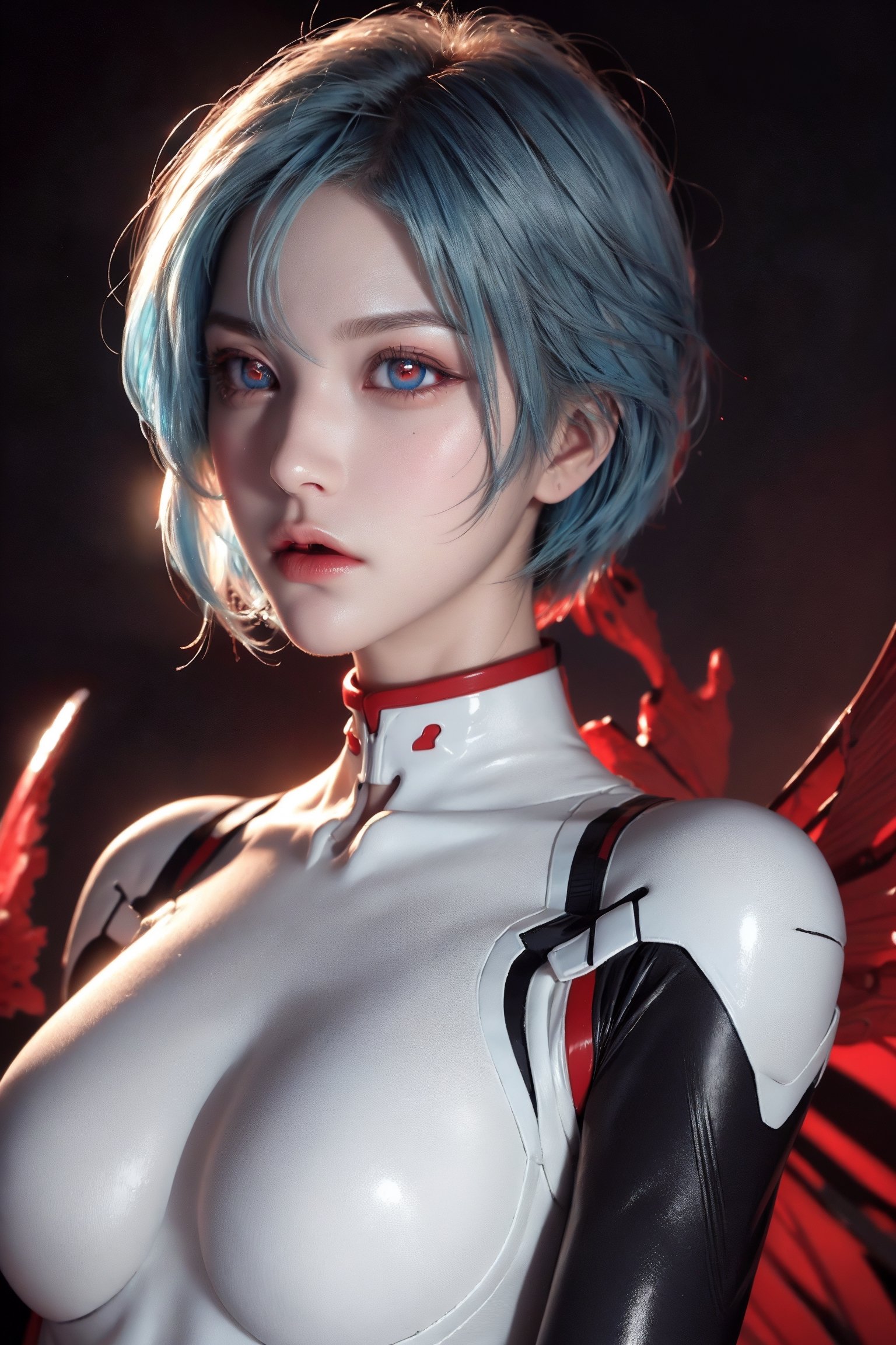 reiayanami, , rei ayanami, blue hair, short hair,large hoop earrings,nsfw,small bust,underboob, (red eyes:1.4),elegant face,(BREAK bodysuit), headgear, (plugsuit), white bodysuit,BREAK outdoors, city,BREAK looking at viewer, BREAK , (masterpiece:1.2), best quality, high resolution, unity 8k wallpaper, (illustration:0.8), (beautiful detailed eyes:1.6), extremely detailed face, perfect lighting, extremely detailed CG, (perfect hands, perfect anatomy),rei ayanami,perfect,hand