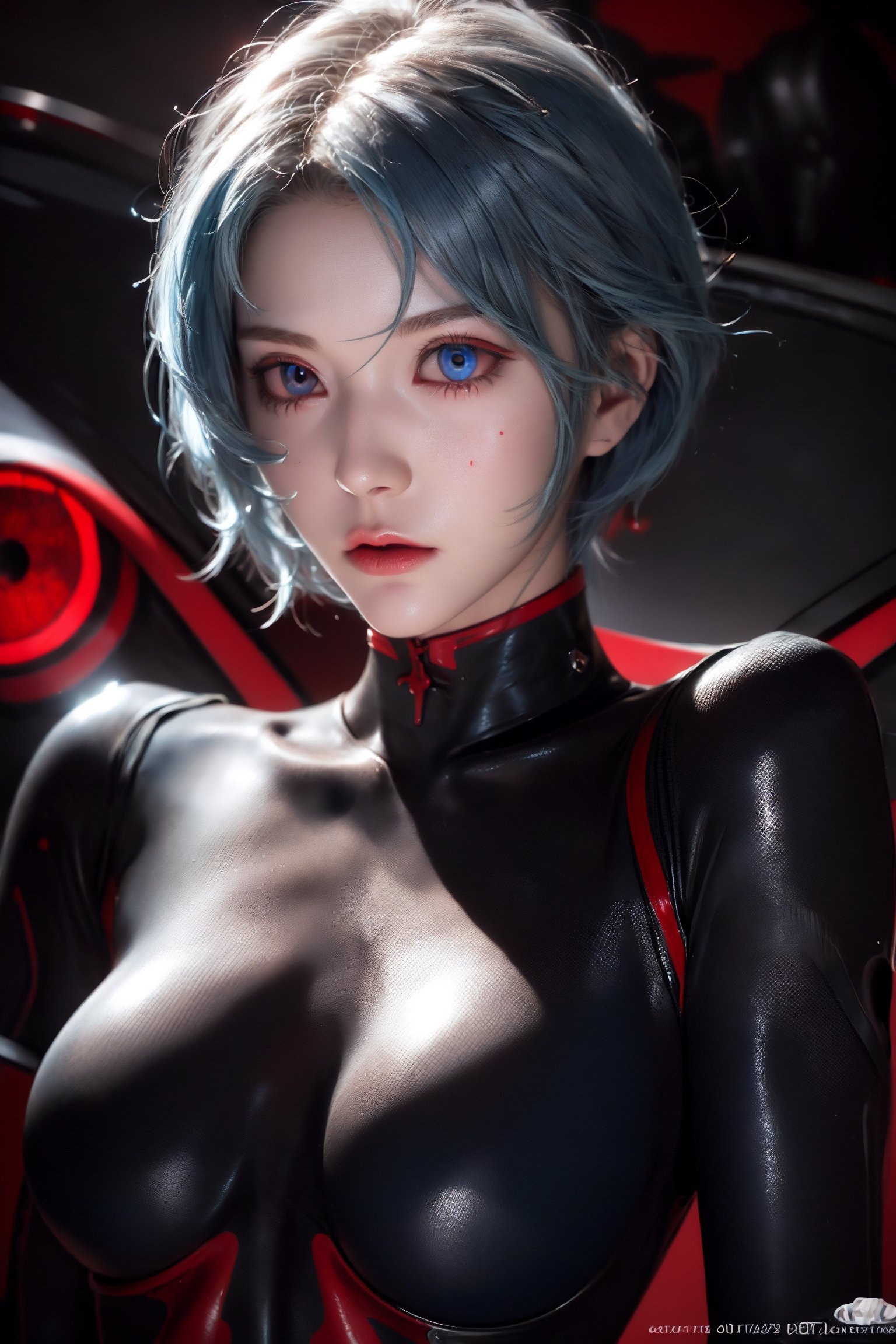 reiayanami, , rei ayanami, blue hair, short hair,large hoop earrings,nsfw,small bust,underboob, (red eyes:1.4),elegant face,(BREAK bodysuit:1.4), headgear, (plugsuit), white bodysuit,BREAK outdoors, city,BREAK looking at viewer, BREAK , (masterpiece:1.2), best quality, high resolution, unity 8k wallpaper, (illustration:0.8), (beautiful detailed eyes:1.6), extremely detailed face, perfect lighting, extremely detailed CG, (perfect hands, perfect anatomy),rei ayanami,perfect,hand