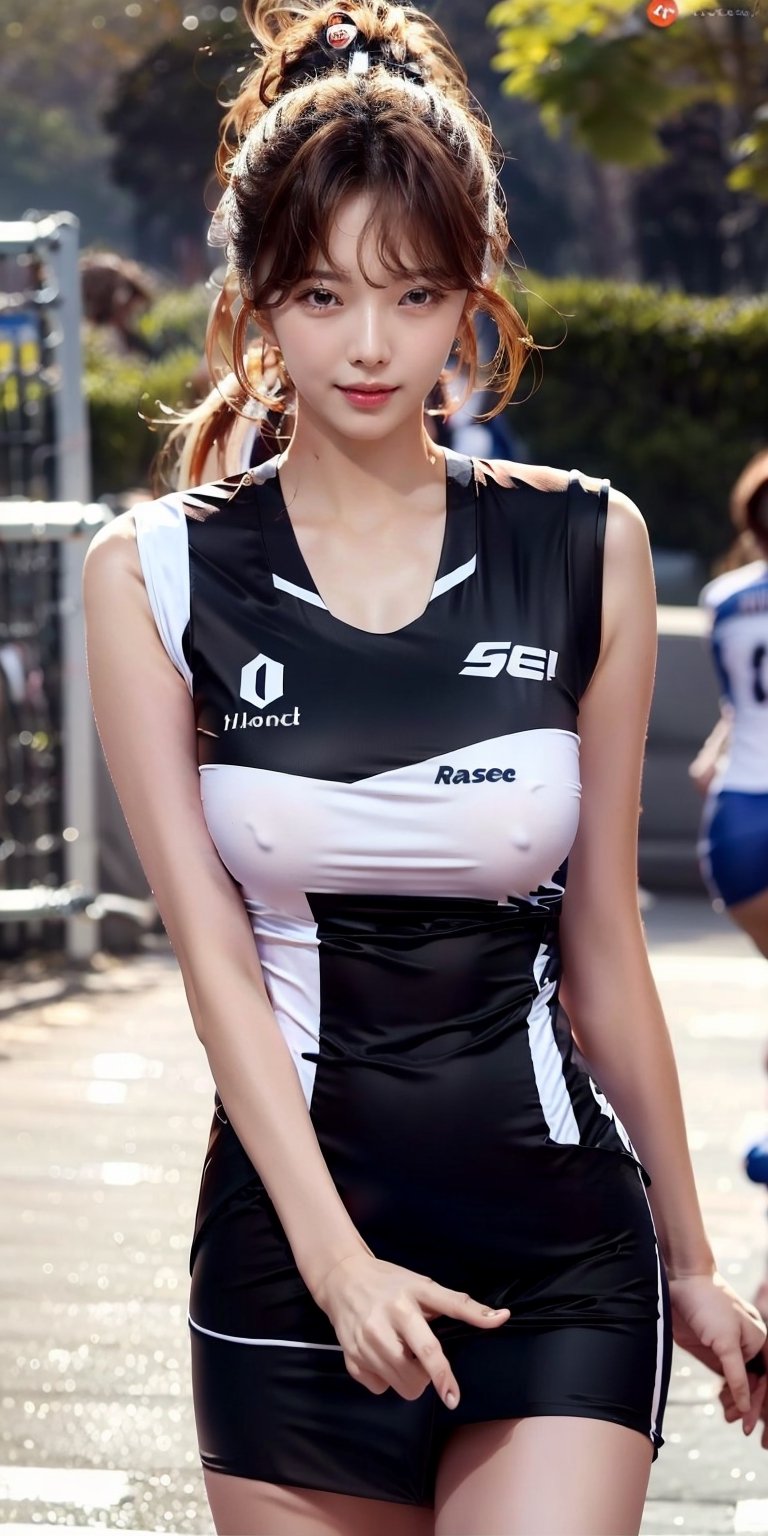 8k, Best Quality, (Masterpiece), (Realistic, Photorealistic: 1.37), Super Detailed, Best Quality, Super High Resolution, Professional Lighting, Photon Mapping, Radiosity, Physically Based Rendering, Cinematic Lighting ,korea national team, red korea  volleyball uniforms, huge_breasts, 
  depth of field, focus, sun rays, good composition, (bokeh: 1.2), 1 girl, (whole body), (closed mouth), beautiful eyes, black hair , messy hair, long hair blowing in the wind, highbody, large breasts, cleveage, a littel sexy outfits,running rase, So-min, Kgirl01