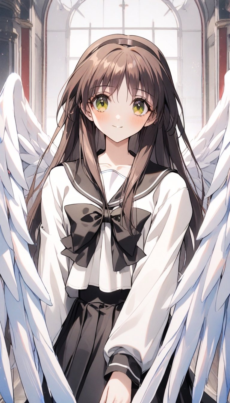 1girl,
 wanke,
ayaka, school uniform, angel wings, angelayaka, schoolayaka,solo, (close-up:1.2),cowboy shot,smile,looking at viewer,random background,
masterpiece, newest,best quality, very aesthetic, absurdres, safe,mid