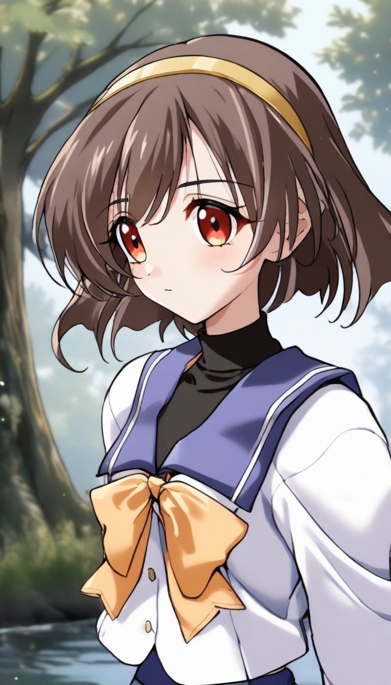 1girl,
yoneyama mai, 
yue, long sleeves sumisora uniform, longyue,solo, river, tree, forest, (close-up:1.2),
masterpiece, newest,best quality, very aesthetic, absurdres, safe