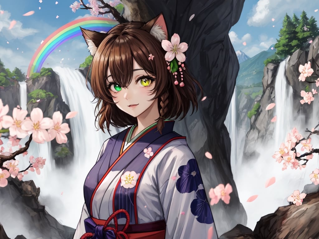 best quality, masterpiece,cat girl, white samurai suit, katana in left side,cat lingerie,brown hair,left eye's color is yellow, right eye's color is green,left pupil's color is yellow, right pupil's color is green,miya,beautiful detailed eyes,mountians and waterfall,8k,atmospheric,cinematic,cherry blossom trees in the background with floating cherry blossom petals,landscape,depth of field,blurry background,bokeh:1.2,by Studio Ghibli , brown cat ears, whisker markings,Hair sideburns covering ear,Hair completely covering ear,Oichi,headband is red,headband fabric and gorgeous,headband extremely delicate and beautiful,headband is Japanese style pattern,There is a rainbow in the sky,sky is blue and clear,There are Japanese patterns on the clothes,There is a small twist braid on the top right side of the hair
