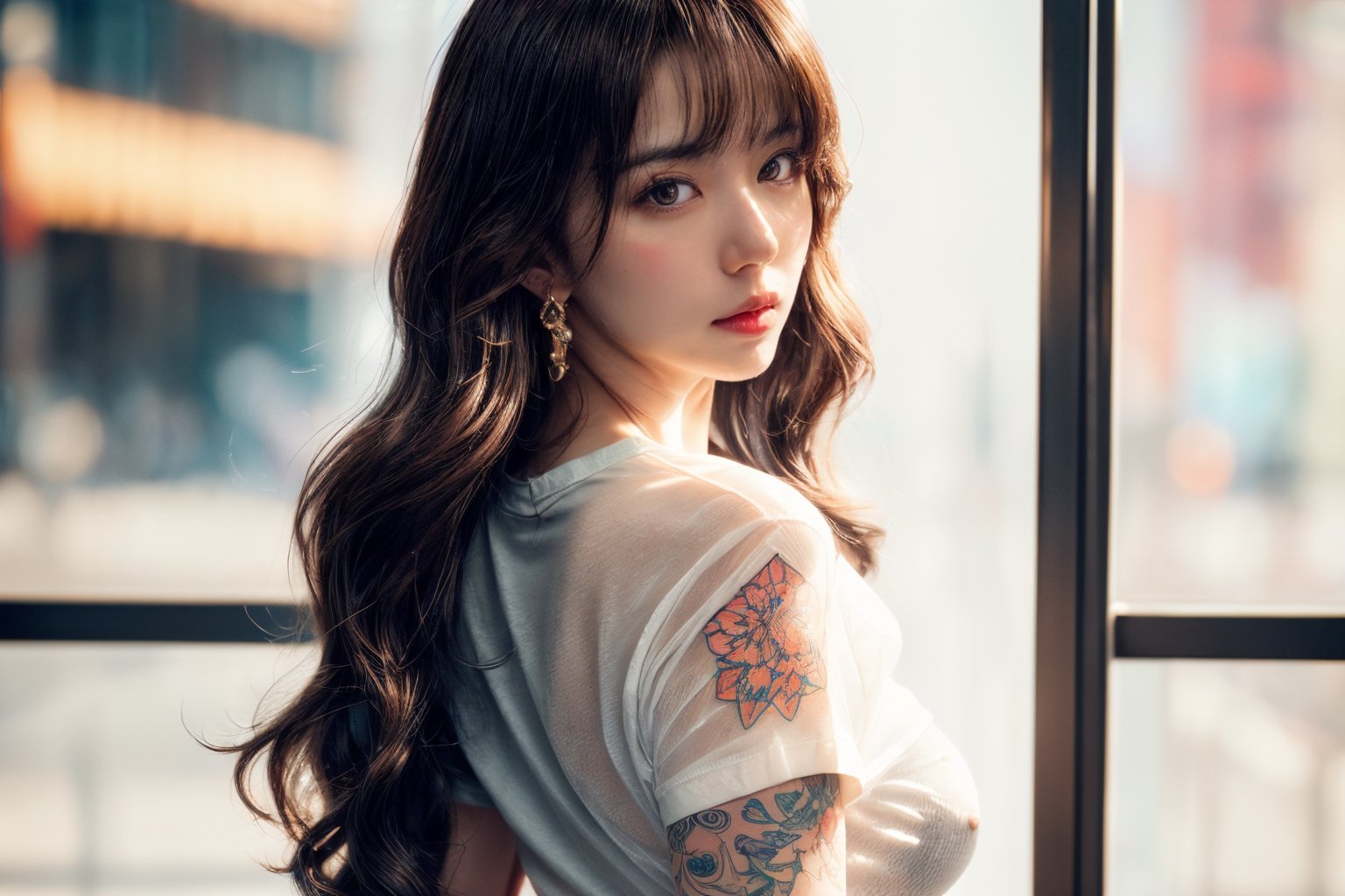 amazing tattoo design, (((Hyper-detailed Hyper-Realistic))), illustration, hand-drawn, bold linework, (Humanoid:1.5) (Human:1.5) anthro illustration, cel shaded, 4k, fine details, masterpiece, sharp focus, depth of field, 8k photo, HDR, professional lighting, taken with Canon EOS R5, 75mm lens, absolute masterpiece, cute moe anime character portrait, adorable, featured on pixiv, kawaii moé masterpiece, cuteness overload, very detailed, sooooo adorable!!!, absolute masterpiece, neon color grading, hyper-realistic, high-quality, super-hyper-photorealistic, ultra-high-quality, realistic photo quality , cinematic shot, dynamic lighting, 75mm, Technicolor, Panavision, cinemascope, sharp focus, fine details, 8k, HDR, realism, realistic, key visual, film still, superb cinematic color grading, depth of field, A ((stunningly beautiful)), ((slender and toned)) ((full-length)) woman with long, wavy ((flowing)) dark brown hair that cascades down her back, framing her oval face perfectly. Her piercing emerald eyes seem to sparkle with life as they gaze directly at the viewer, exuding confidence and grace. She is clad in a crisp, (see-through white short t-shirt:1.5) that hugs her curves in all the right places, erect nipples, accentuating her ((high cheekbones)) and sculpted collarbones. The see-through t-shirt is revealing a hint of her smooth, ((creamy ((white skin)). The model's posture is poised and elegant, as if she's about to step onto a runway or into a boardroom, ready to take on whatever challenge comes her way. The background is a neutral, soft-focus color that allows the subject to stand out even more, emphasizing her striking features and alluring presence. tits 1.2, breathtaking tattoo design, incredible tattoo design